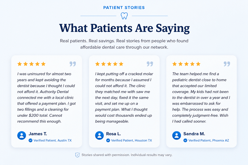 Patient testimonials from people who found affordable dental care through Authority Dental.